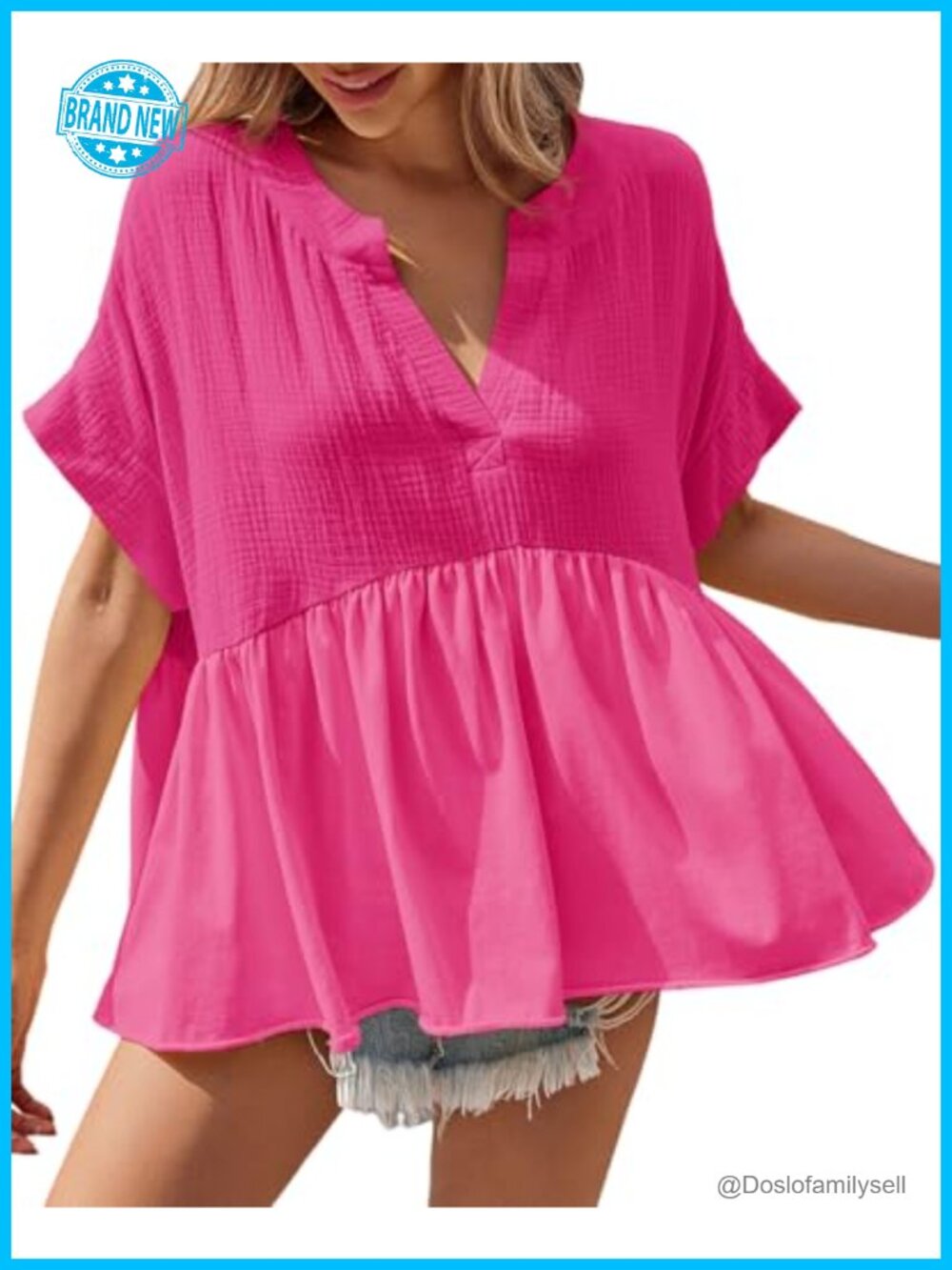 Womens Peplum Babydoll Top Short Sleeve V Neck Pleated Flowy Blouse